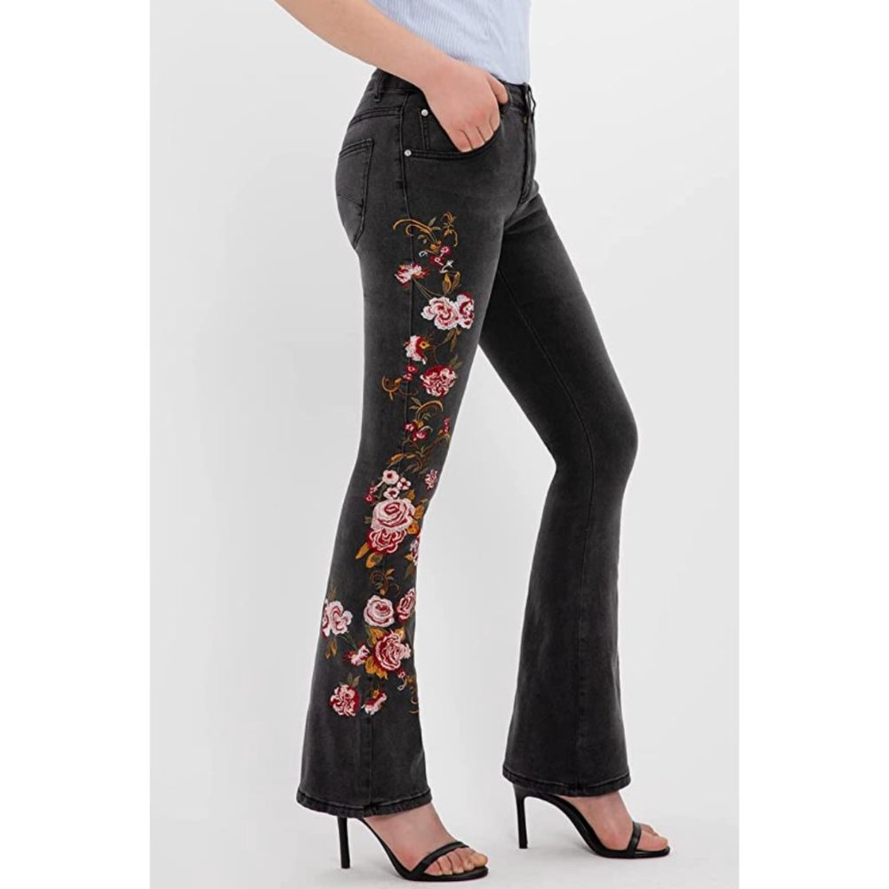 Gray Wash Floral Embroidered Patch High Waisted Flare Bell Bottom Denim Jeans - Picture 2 of 7